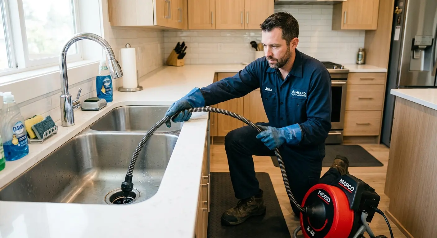 Drain cleaning technician using a motorized snake on a kitchen sink in Lutz