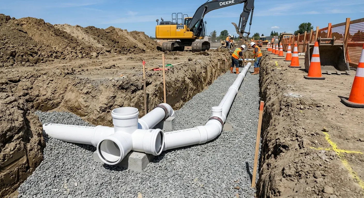 New PVC sewer pipe installation in open trench for Commercial Drain Cleaning in Lutz