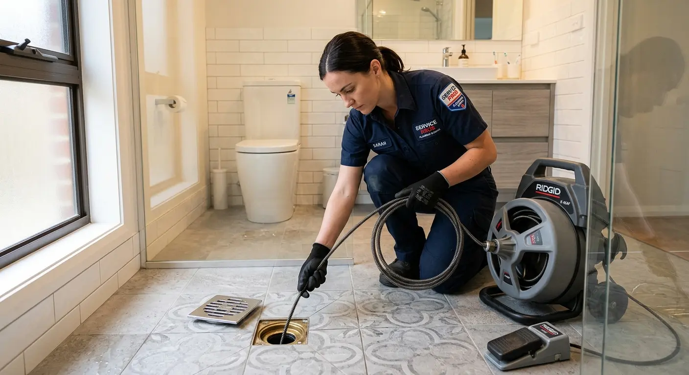 Technician clearing a bathroom floor drain for Drain Cleaning in Lutz